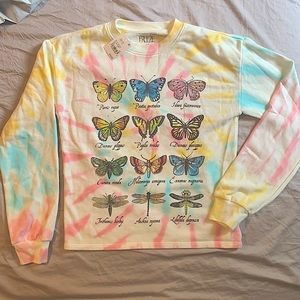 Cotton long sleeve cotton/polyester blend multi-colored tie dye style shirt.
